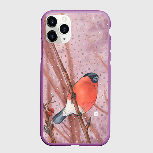 Чехол iPhone 11 Pro матовый Снегирь и зимние ягоды / 3D-Фиолетовый – фото 1