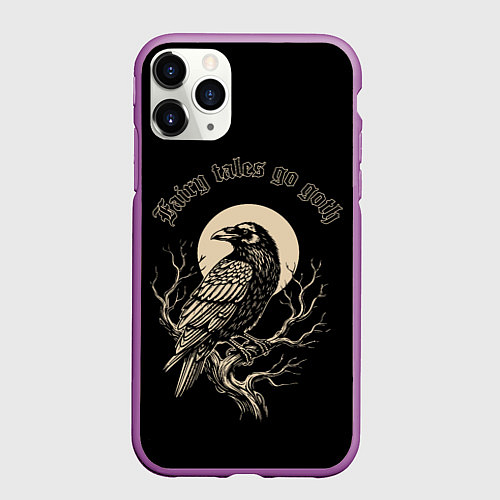 Чехол iPhone 11 Pro матовый Ворона сидит на ветке на фоне полной луны / 3D-Фиолетовый – фото 1
