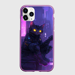 Чехол iPhone 11 Pro матовый Кот в стиле киберпанк сидит на крыше, цвет: 3D-фиолетовый