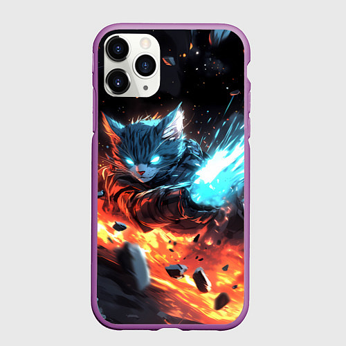 Чехол iPhone 11 Pro матовый Кот в космосе киберпанк / 3D-Фиолетовый – фото 1