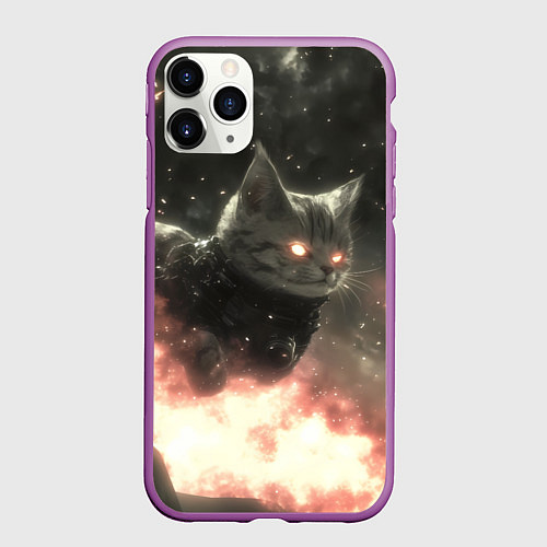 Чехол iPhone 11 Pro матовый Кот парит в космосе киберпанк / 3D-Фиолетовый – фото 1