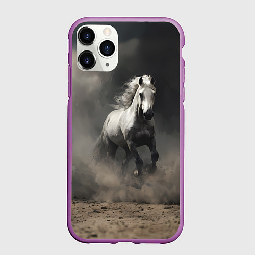 Чехол iPhone 11 Pro матовый Белая лошадь скачет по полю / 3D-Фиолетовый – фото 1