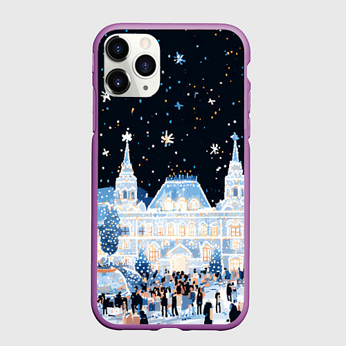 Чехол iPhone 11 Pro матовый Салют в новогодней Москве / 3D-Фиолетовый – фото 1