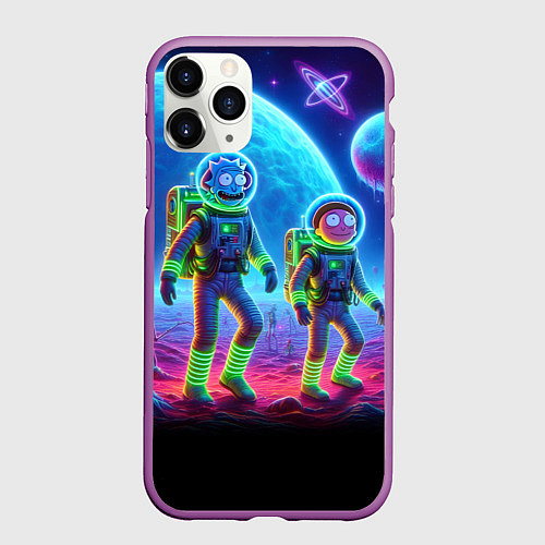 Чехол iPhone 11 Pro матовый Рик и Морти на сказочной неоновой планете / 3D-Фиолетовый – фото 1