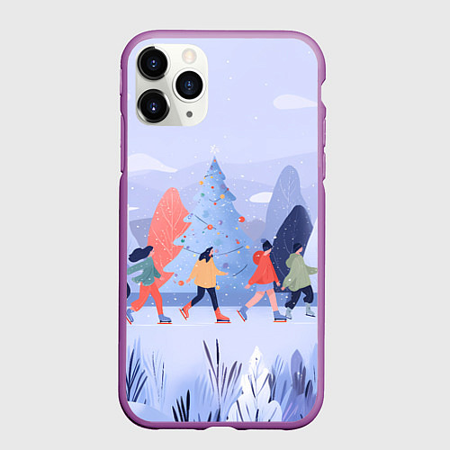Чехол iPhone 11 Pro матовый Каток на фоне елок / 3D-Фиолетовый – фото 1