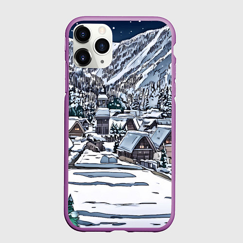Чехол iPhone 11 Pro матовый Новогодний город у гор / 3D-Фиолетовый – фото 1