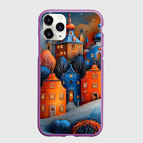 Чехол iPhone 11 Pro матовый Объемные зимние домики / 3D-Фиолетовый – фото 1