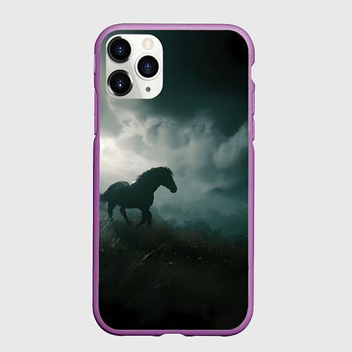 Чехол iPhone 11 Pro матовый Лошадь в поле - буря / 3D-Фиолетовый – фото 1