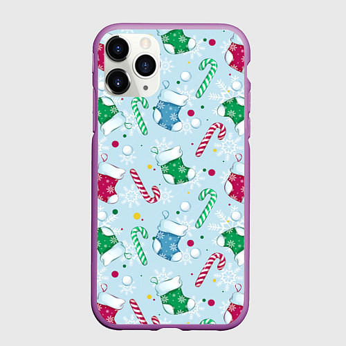 Чехол iPhone 11 Pro матовый Новогодний паттерн / 3D-Фиолетовый – фото 1
