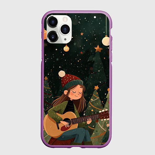 Чехол iPhone 11 Pro матовый Новогодняя гитаристка / 3D-Фиолетовый – фото 1