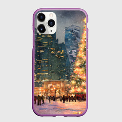 Чехол iPhone 11 Pro матовый Москва - сити и новогодняя елка