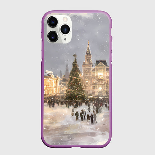 Чехол iPhone 11 Pro матовый Новогодние гуляния в Москве / 3D-Фиолетовый – фото 1