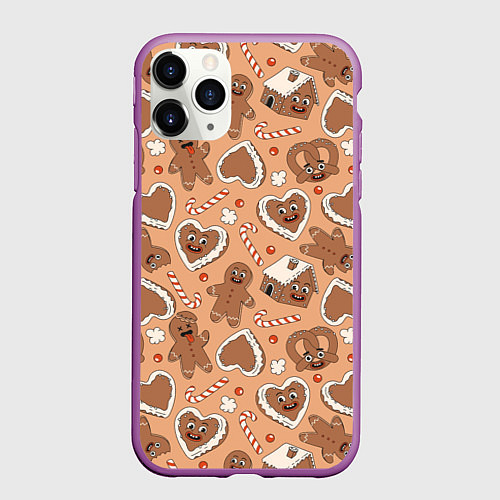 Чехол iPhone 11 Pro матовый Паттерн с новогодним печеньем / 3D-Фиолетовый – фото 1