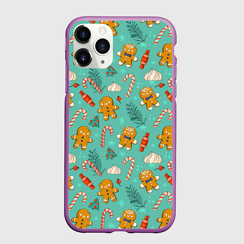 Чехол iPhone 11 Pro матовый Новогодний паттерн печенье с конфетами / 3D-Фиолетовый – фото 1