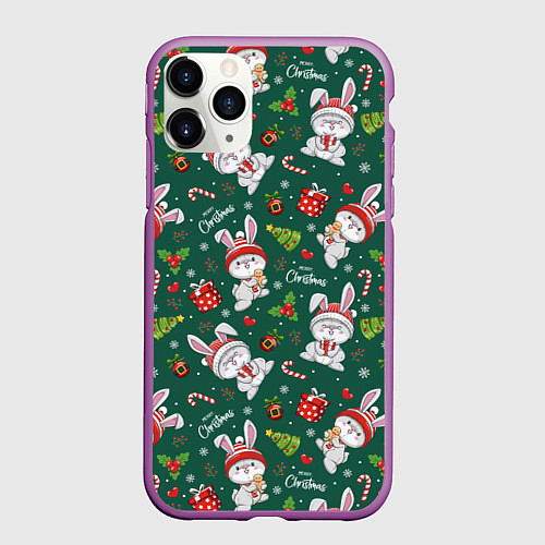 Чехол iPhone 11 Pro матовый Новогодние зайчики / 3D-Фиолетовый – фото 1