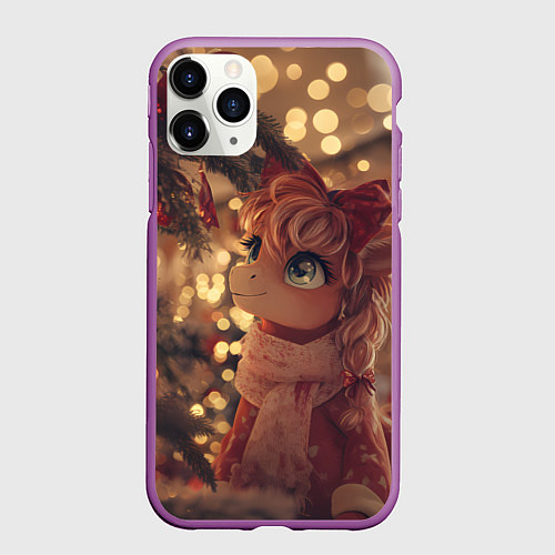 Чехол iPhone 11 Pro матовый Лошадка любуется новогодней елкой / 3D-Фиолетовый – фото 1
