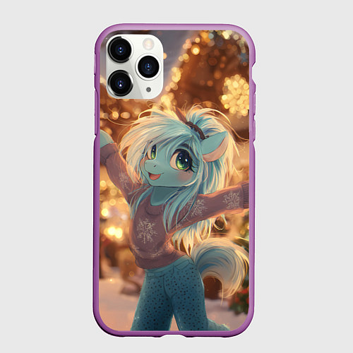 Чехол iPhone 11 Pro матовый Лошадка отмечает новый год / 3D-Фиолетовый – фото 1