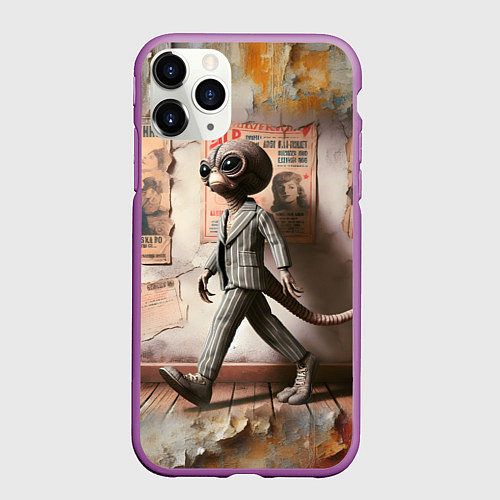 Чехол iPhone 11 Pro матовый Пришелец в костюме в полосочку / 3D-Фиолетовый – фото 1