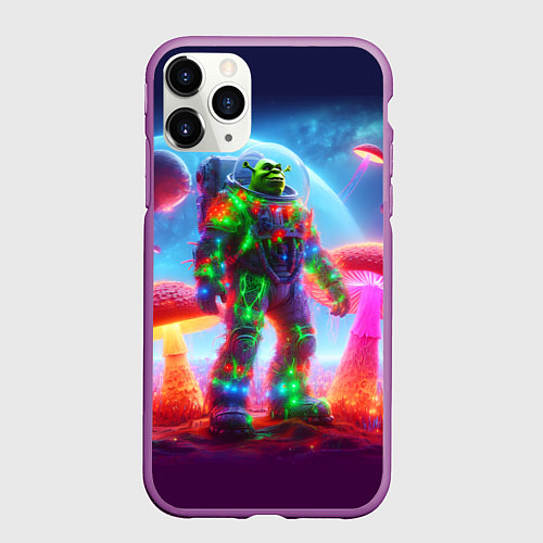 Чехол iPhone 11 Pro матовый Неоновый космонавт Шрек на планете гигантских мухо / 3D-Фиолетовый – фото 1