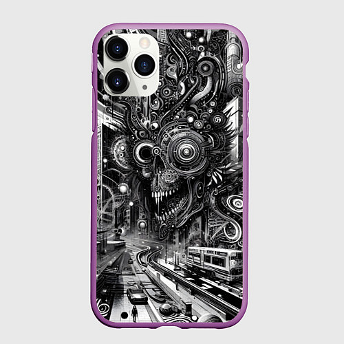 Чехол iPhone 11 Pro матовый Cyber urban skull - ai art fantasy / 3D-Фиолетовый – фото 1