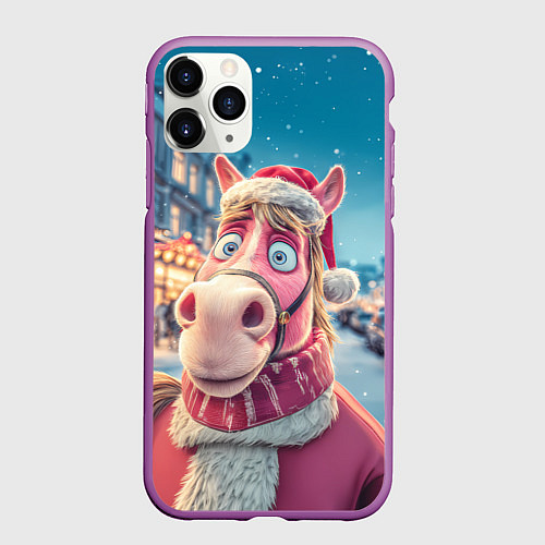 Чехол iPhone 11 Pro матовый Лошадь на фоне новогодней улицы / 3D-Фиолетовый – фото 1