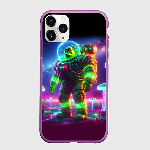 Чехол iPhone 11 Pro матовый Космонавт Шрук в неоновом скафандре на загадочной / 3D-Фиолетовый – фото 1