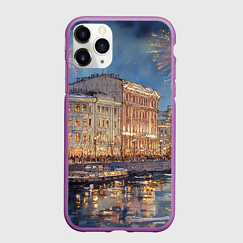Чехол iPhone 11 Pro матовый Новогодний салют в Питере / 3D-Фиолетовый – фото 1