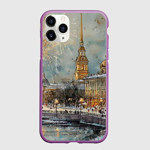 Чехол iPhone 11 Pro матовый Новогодний салют в Питере / 3D-Фиолетовый – фото 1