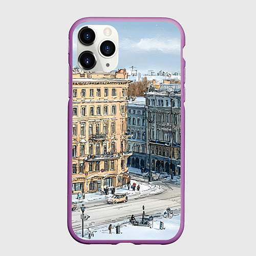 Чехол iPhone 11 Pro матовый Зимняя улица Питера / 3D-Фиолетовый – фото 1