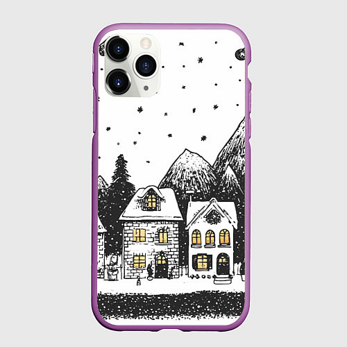 Чехол iPhone 11 Pro матовый Черно-белый новогодний город / 3D-Фиолетовый – фото 1