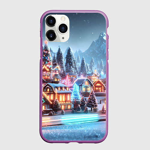 Чехол iPhone 11 Pro матовый Городок в новогодних огоньках / 3D-Фиолетовый – фото 1
