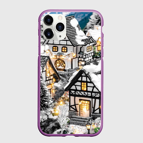 Чехол iPhone 11 Pro матовый Объемные новогодние дома / 3D-Фиолетовый – фото 1