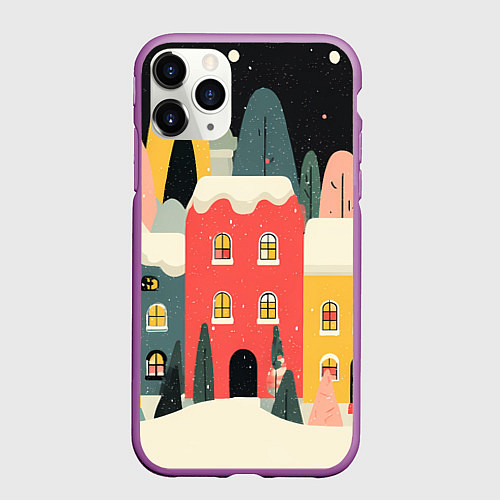 Чехол iPhone 11 Pro матовый Разноцветные новогодние дома / 3D-Фиолетовый – фото 1