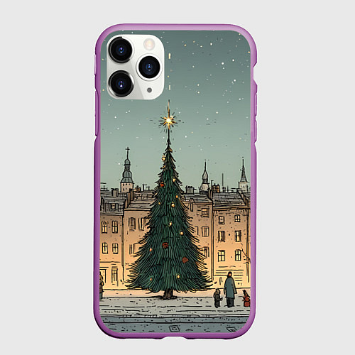Чехол iPhone 11 Pro матовый Новогодняя елка во дворе / 3D-Фиолетовый – фото 1