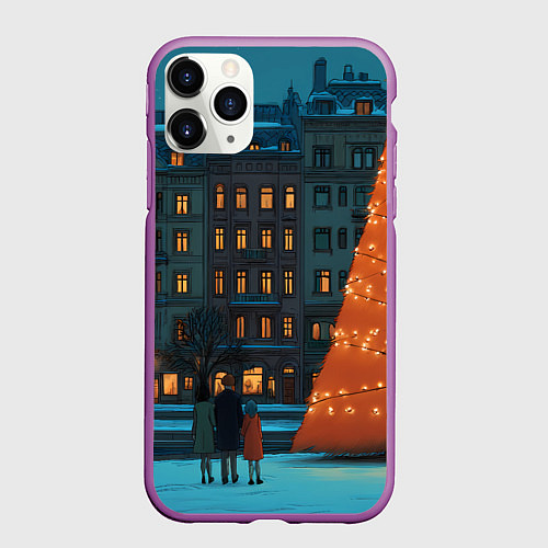 Чехол iPhone 11 Pro матовый Городская светящаяся елка / 3D-Фиолетовый – фото 1