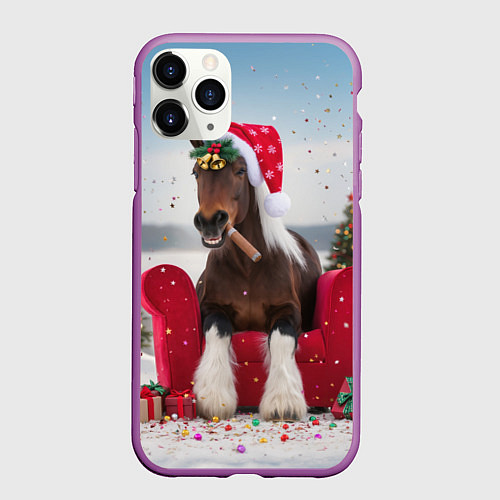Чехол iPhone 11 Pro матовый Новогодний конь / 3D-Фиолетовый – фото 1