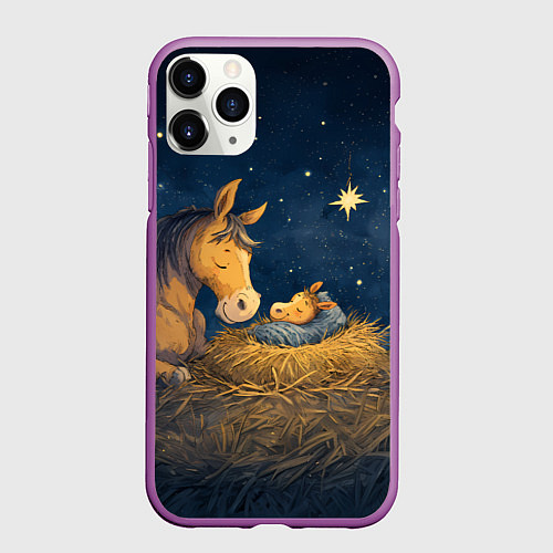 Чехол iPhone 11 Pro матовый Лошадка спит с жеребенком / 3D-Фиолетовый – фото 1