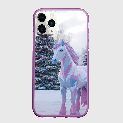 Чехол iPhone 11 Pro матовый Геометрическая новогодняя лошадка / 3D-Фиолетовый – фото 1