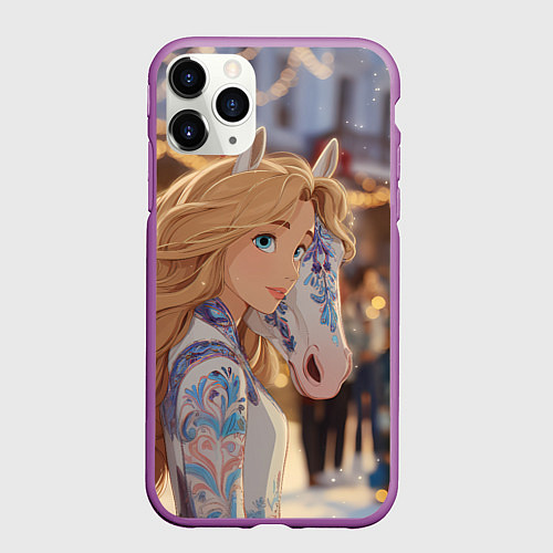 Чехол iPhone 11 Pro матовый Блондинка с новогодней лошадкой / 3D-Фиолетовый – фото 1