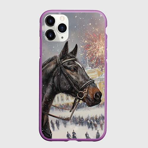 Чехол iPhone 11 Pro матовый Конь на фоне салюта / 3D-Фиолетовый – фото 1
