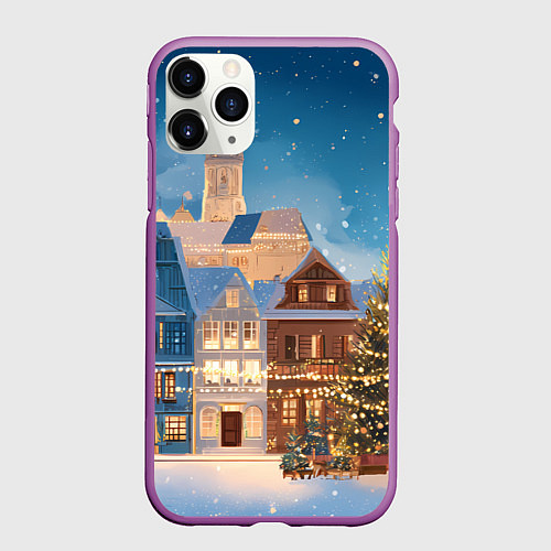 Чехол iPhone 11 Pro матовый Новогодний дворик и елка / 3D-Фиолетовый – фото 1