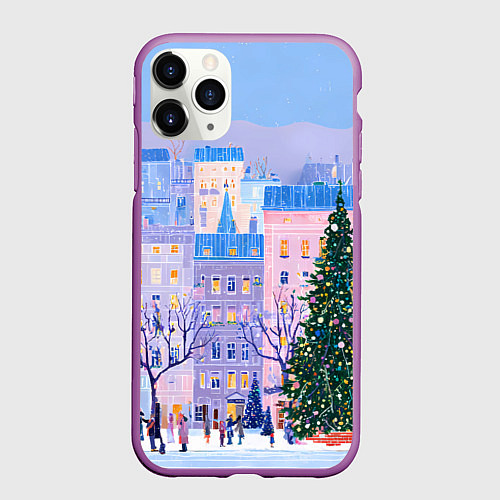 Чехол iPhone 11 Pro матовый Новогодний двор / 3D-Фиолетовый – фото 1