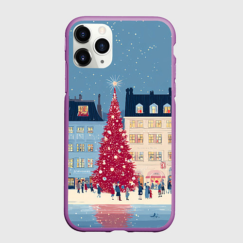 Чехол iPhone 11 Pro матовый Новогоднее гуляние у красной елки / 3D-Фиолетовый – фото 1