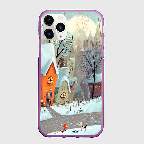Чехол iPhone 11 Pro матовый Милый новогодний дворик / 3D-Фиолетовый – фото 1