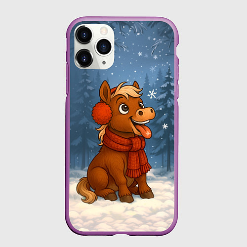 Чехол iPhone 11 Pro матовый Лошадка ловит снежинку / 3D-Фиолетовый – фото 1