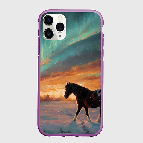 Чехол iPhone 11 Pro матовый Лошадь на фоне северного сиянми / 3D-Фиолетовый – фото 1