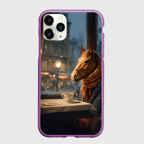 Чехол iPhone 11 Pro матовый Лошадь в кафе ищет новогоднее настроение / 3D-Фиолетовый – фото 1