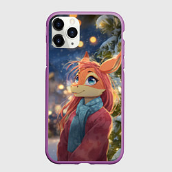 Чехол iPhone 11 Pro матовый Рыжая лошадка на фоне Нового года, цвет: 3D-фиолетовый
