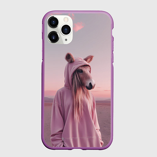 Чехол iPhone 11 Pro матовый Лошадка в худи / 3D-Фиолетовый – фото 1