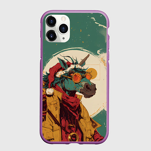Чехол iPhone 11 Pro матовый Новогодний конь в желтых очках / 3D-Фиолетовый – фото 1